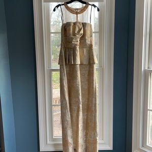 David Meister gold long evening gown with sheer top and beaded neckline